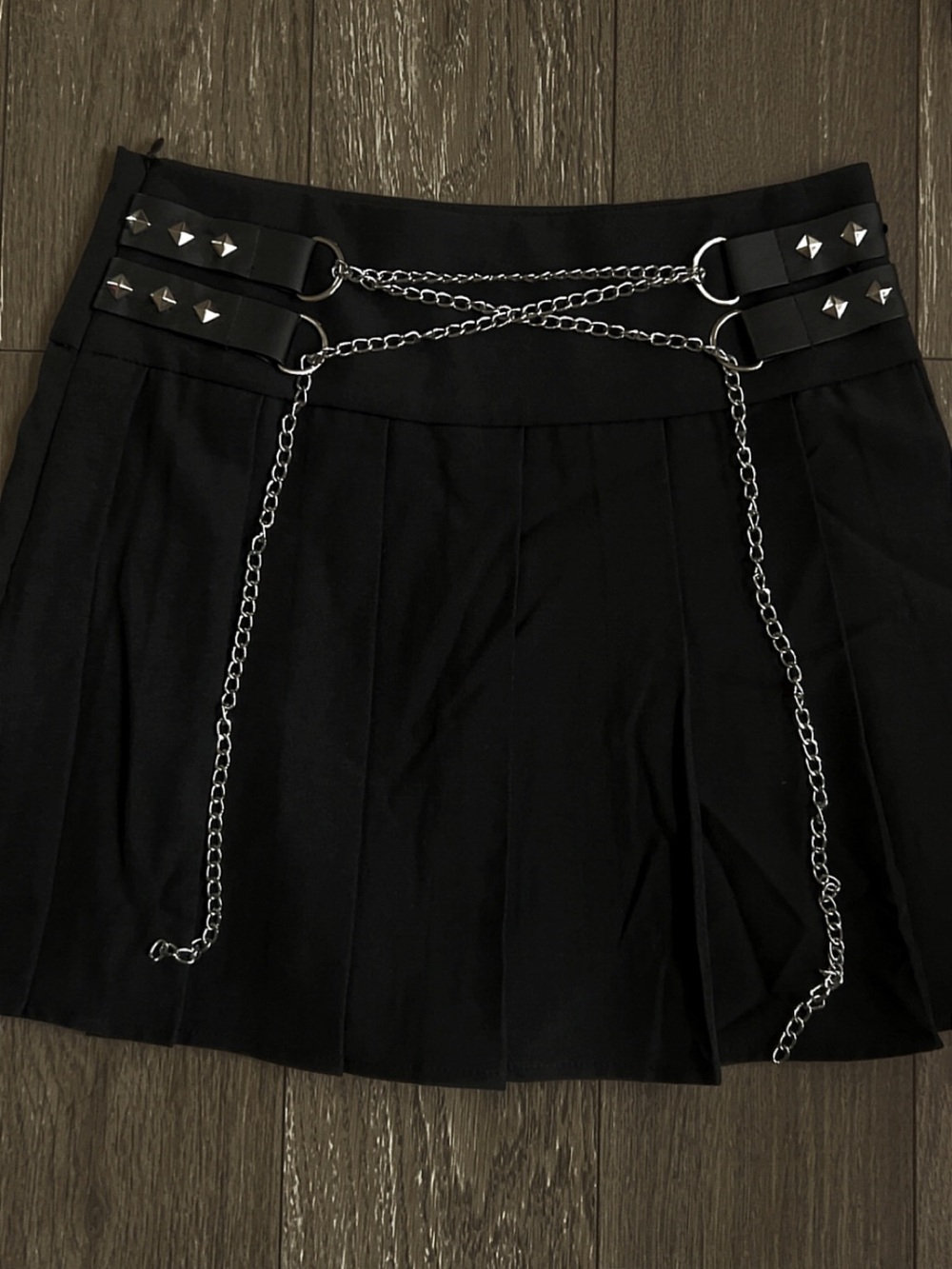 Black Pleated Mini Skirt with Studded Chain Detail